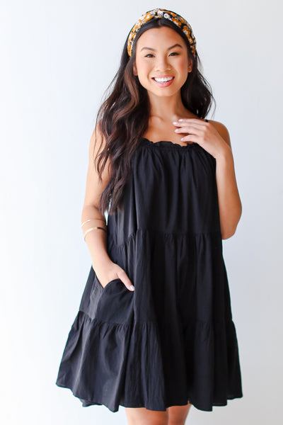 black Tiered Mini Dress front view