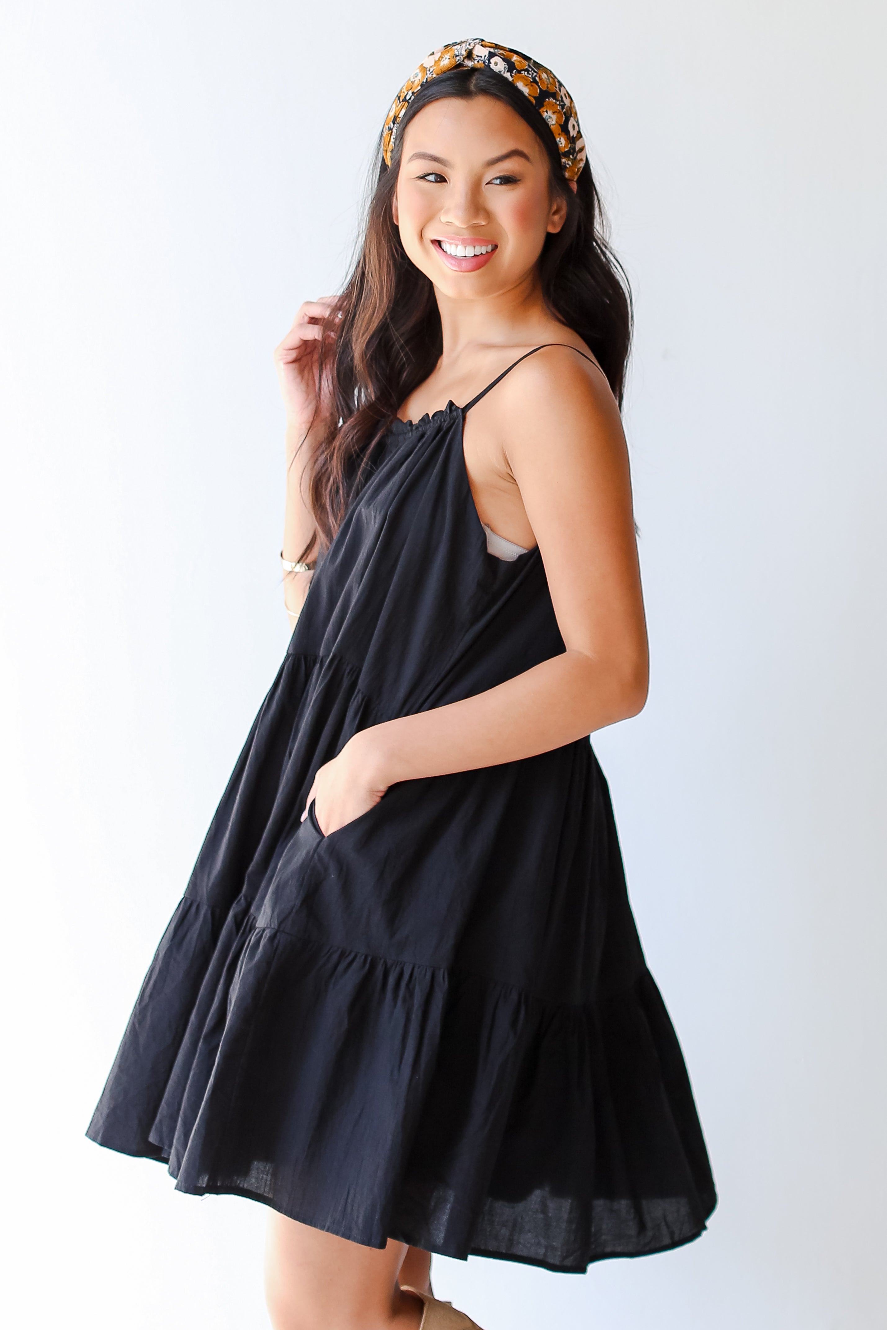 black Tiered Mini Dress side view