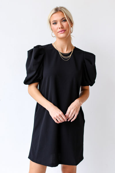 black Puff Sleeve Mini Dress on dress up model