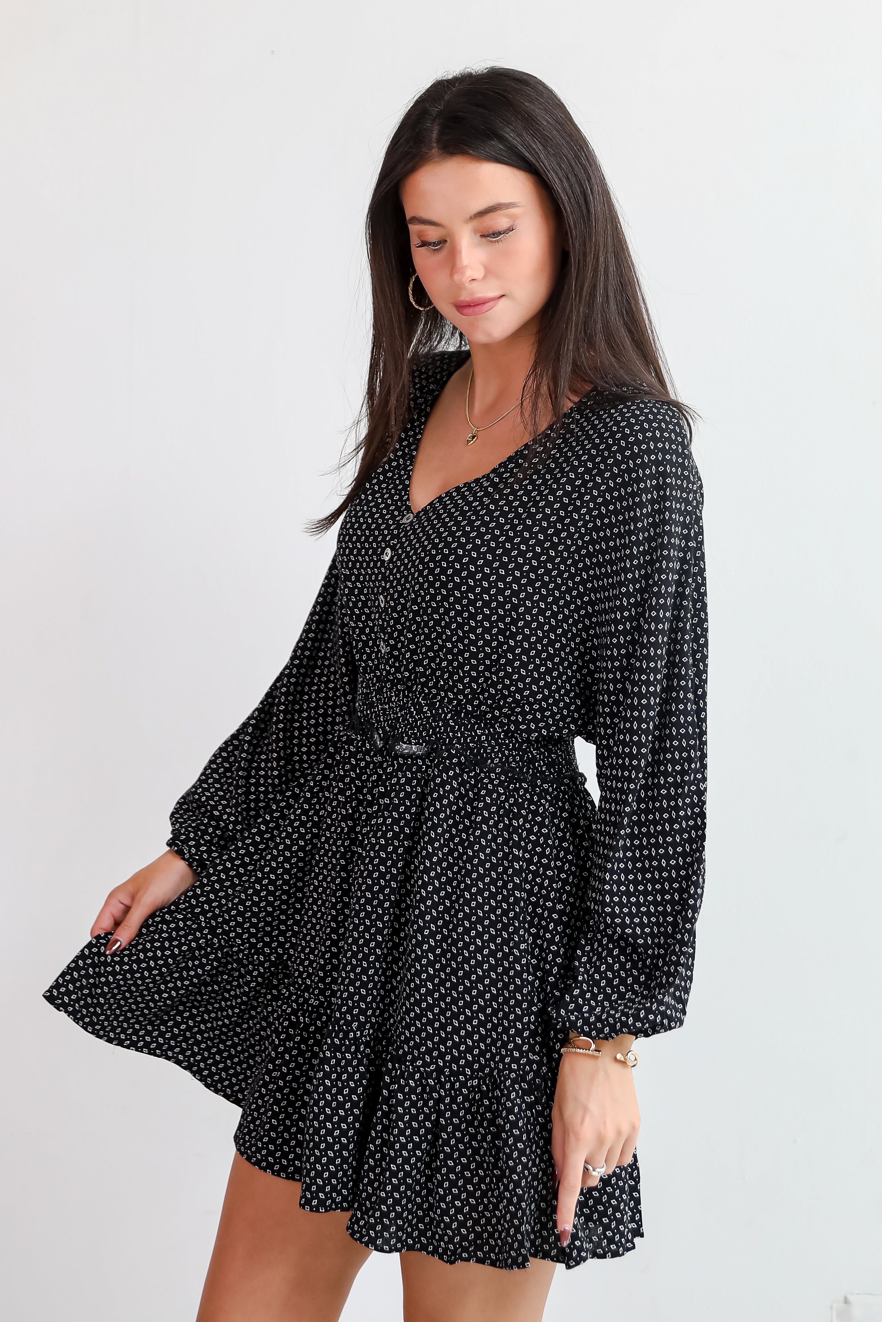 Fashion Solid Black Cute Mini Dress