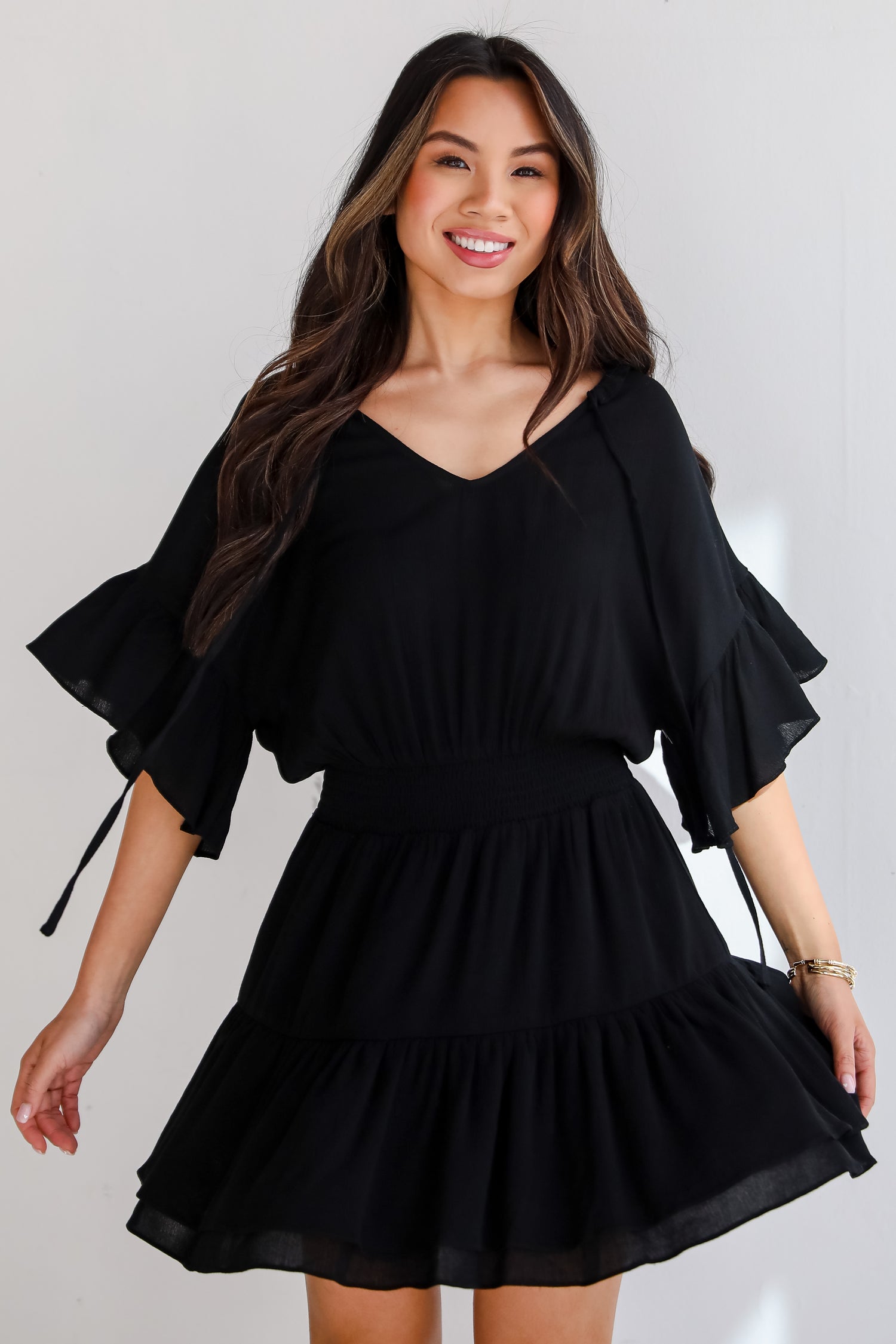 smocked waist Black Mini Dress