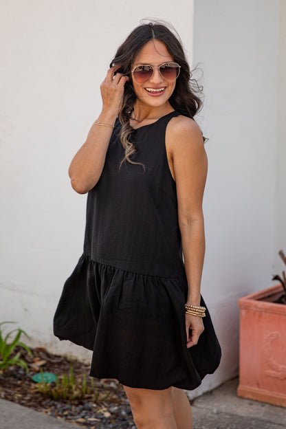black sleeveless mini dress Waverly | Racer-Neck Skater tie collar City After Dark Black Mini