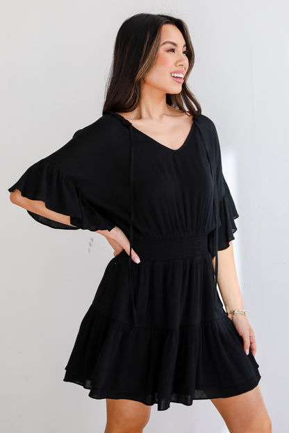 Toast To You Black Mini Dress flowy sleeve Black Mini Dress