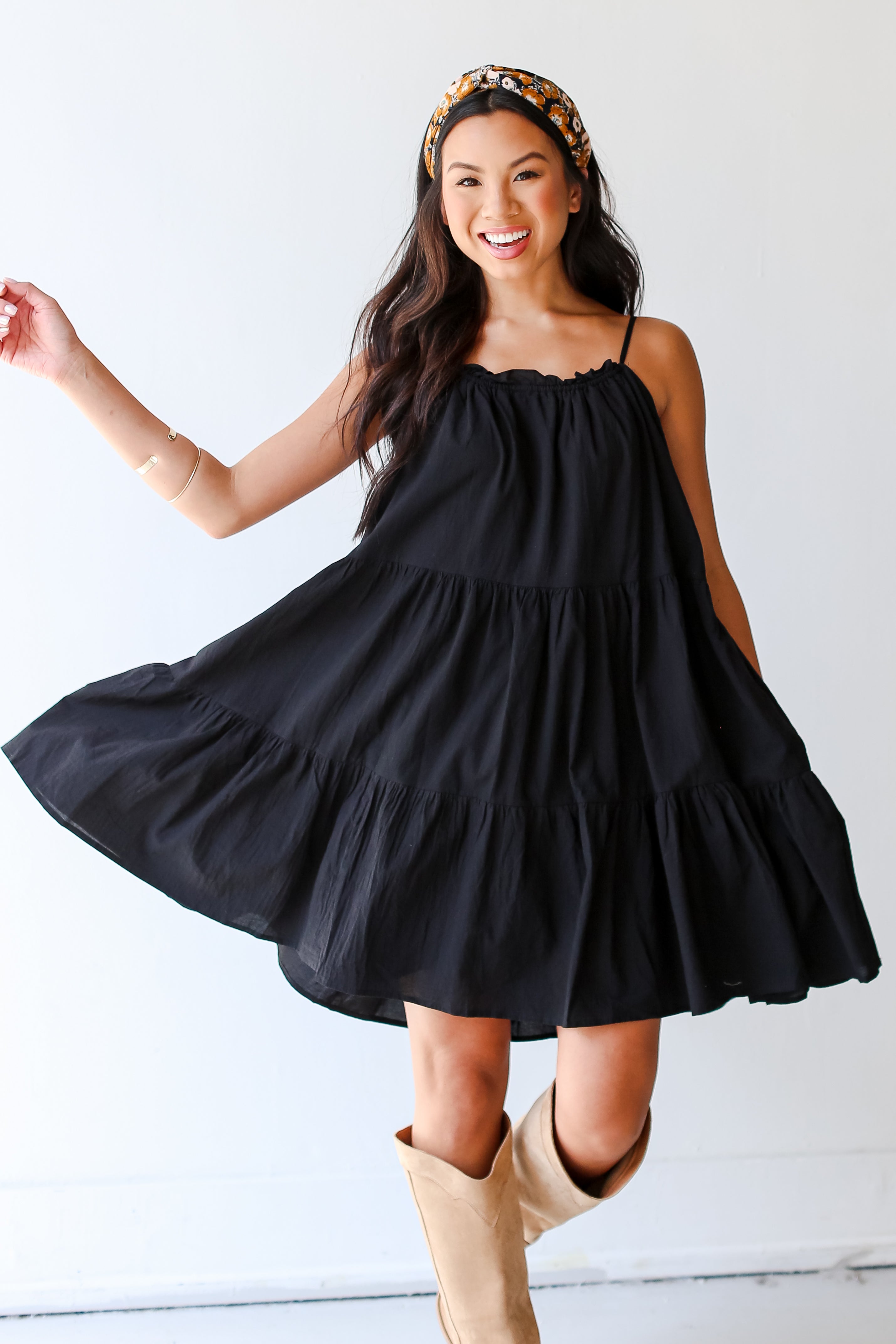 black Tiered Mini Dress on dress up model