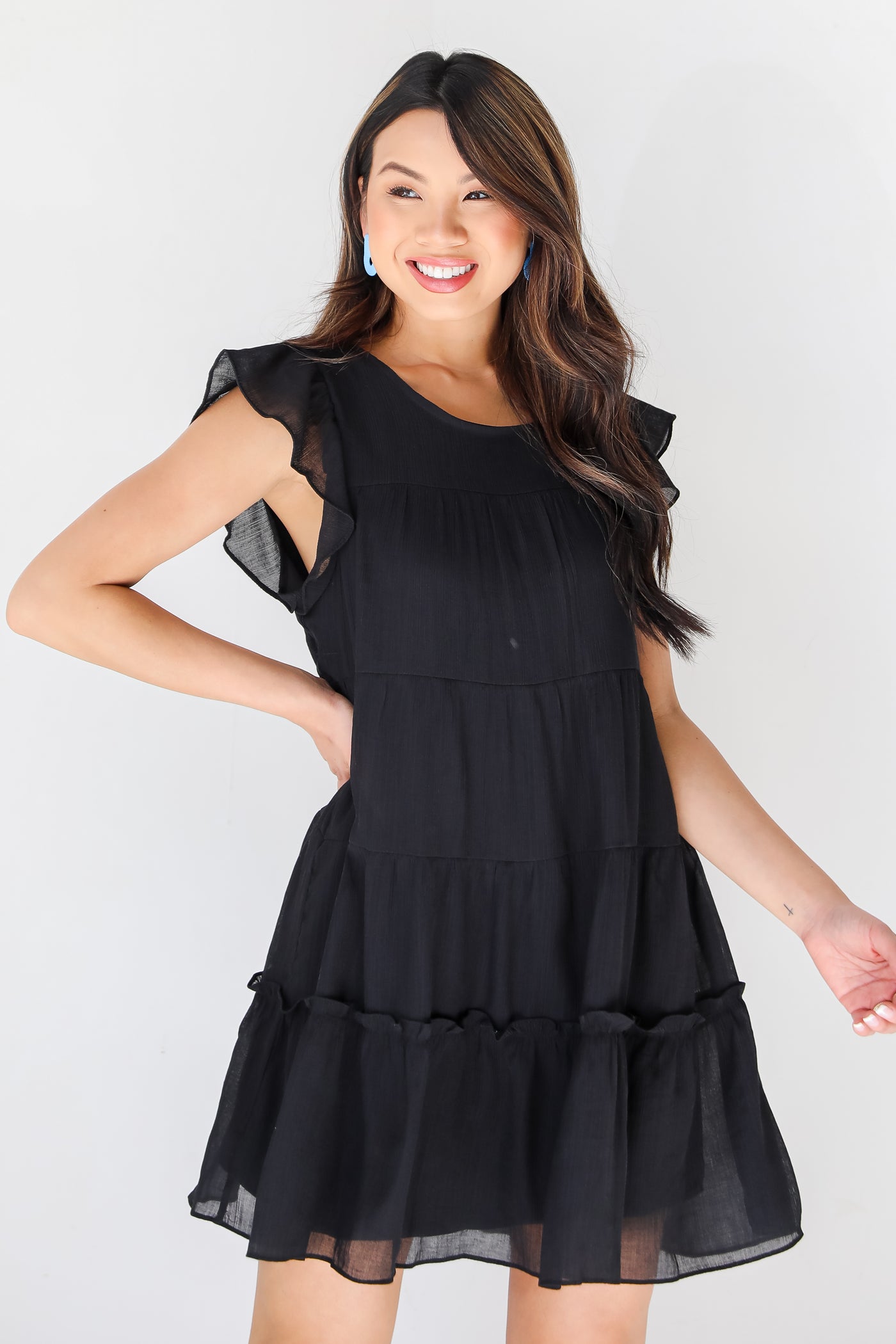 black Tiered Mini Dress on dress up model