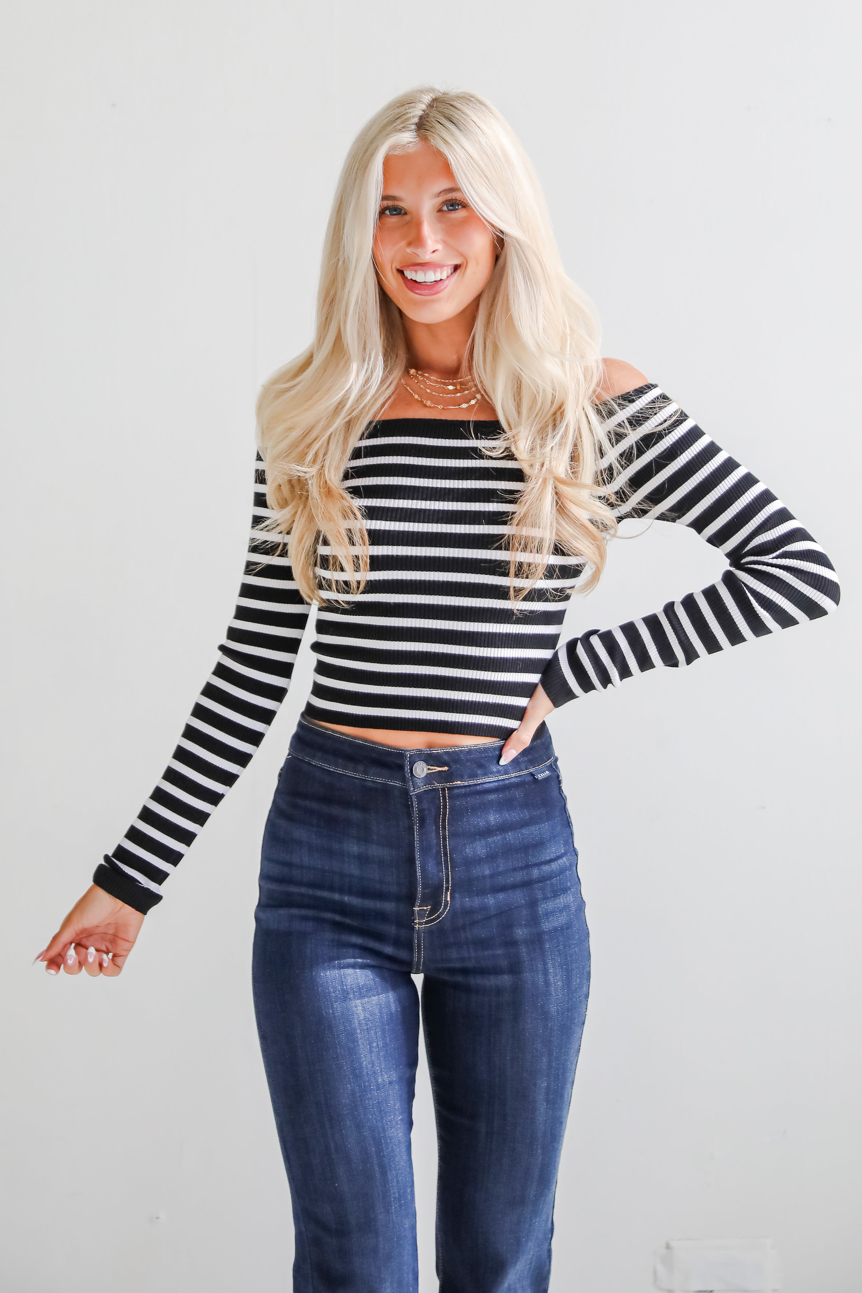 Desirable Aesthetic Black Striped Off-The-Shoulder Ribbed Top