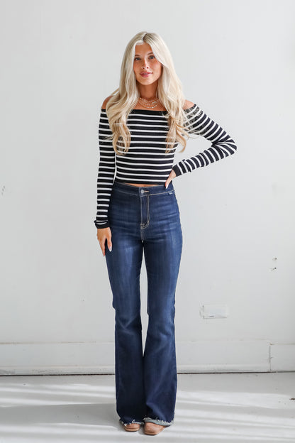 Desirable Aesthetic Black Striped Off-The-Shoulder Ribbed Top