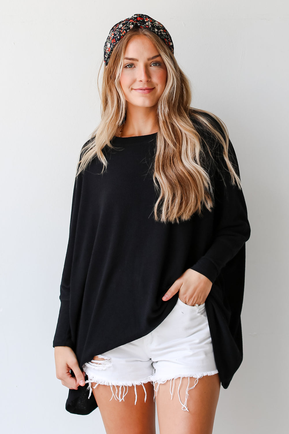 black Lightweight Knit Oversized Top on model