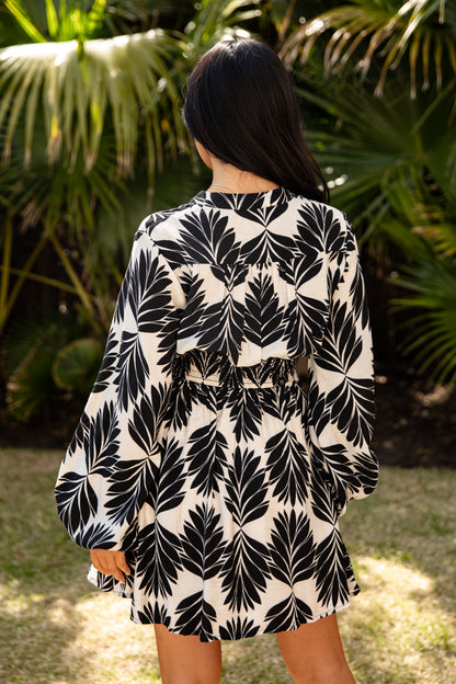 black and white aztec print trim long sleeve mini dress Bryanna Long Sleeve Mini Dress Black | White | Black | White | Womens