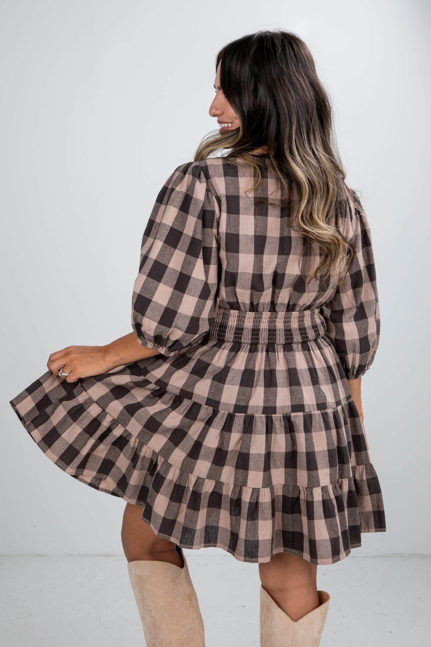 brown plaid mini dress