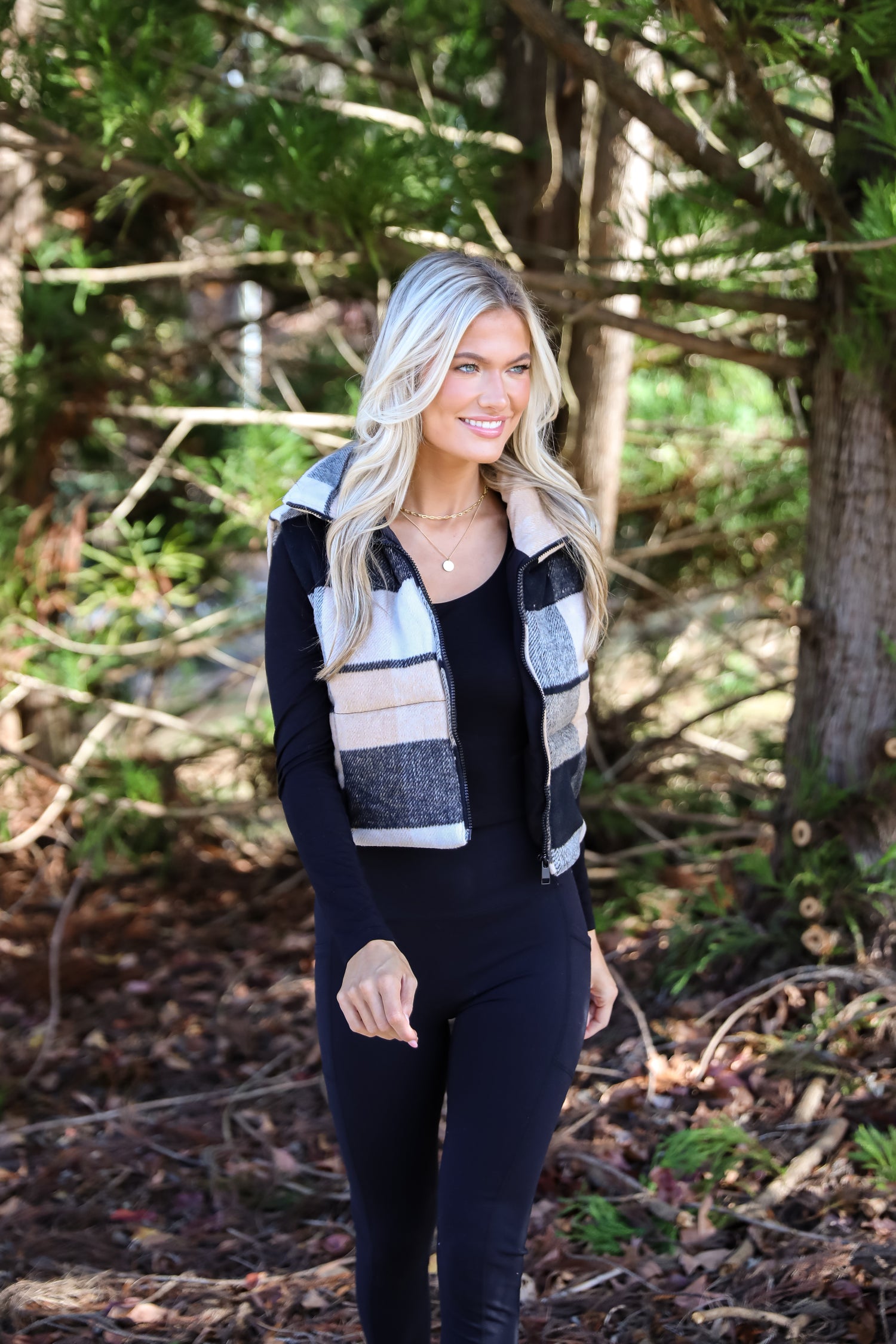 Wintertime Crush Taupe Plaid Puffer Vest