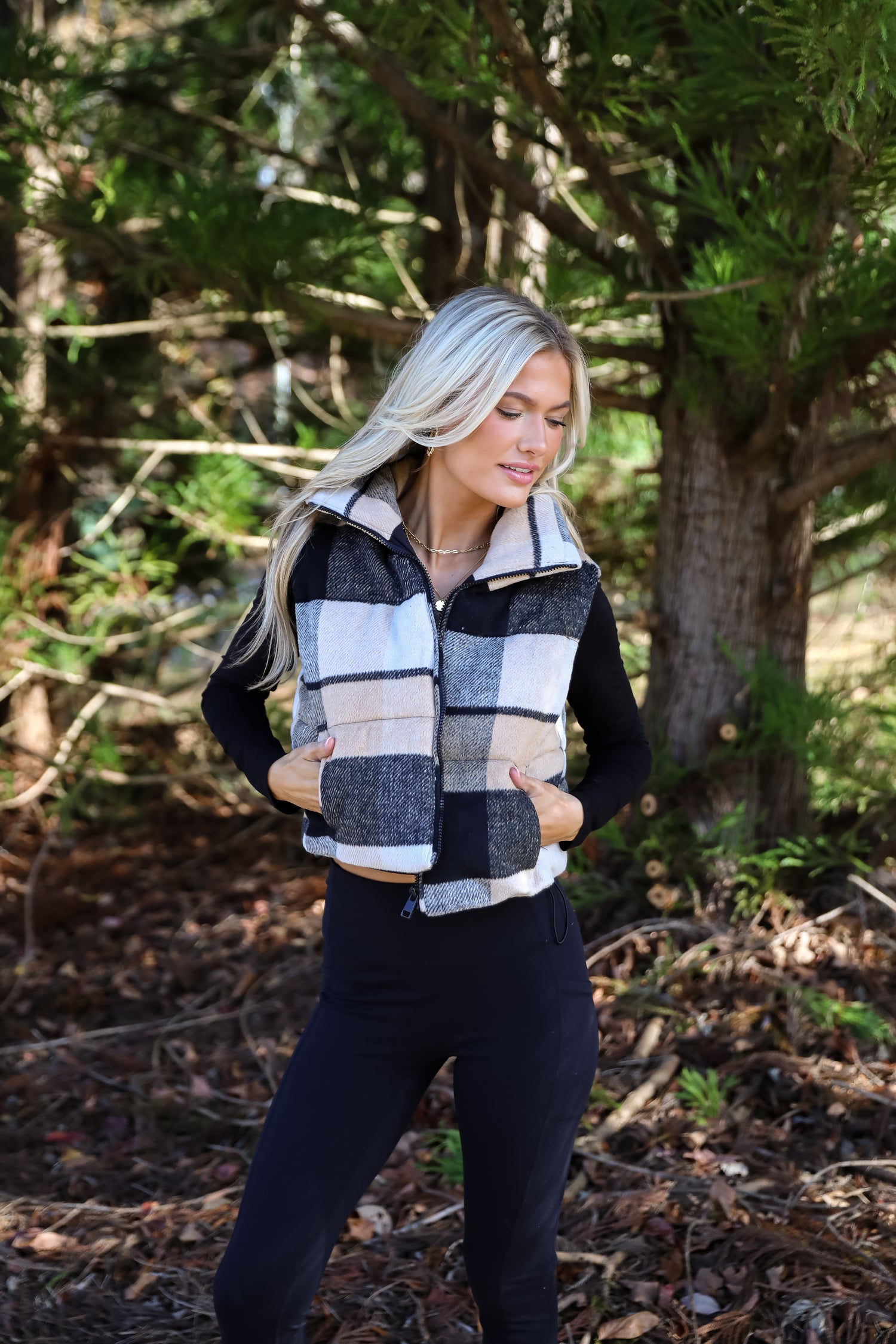 Wintertime Crush Taupe Plaid Puffer Vest