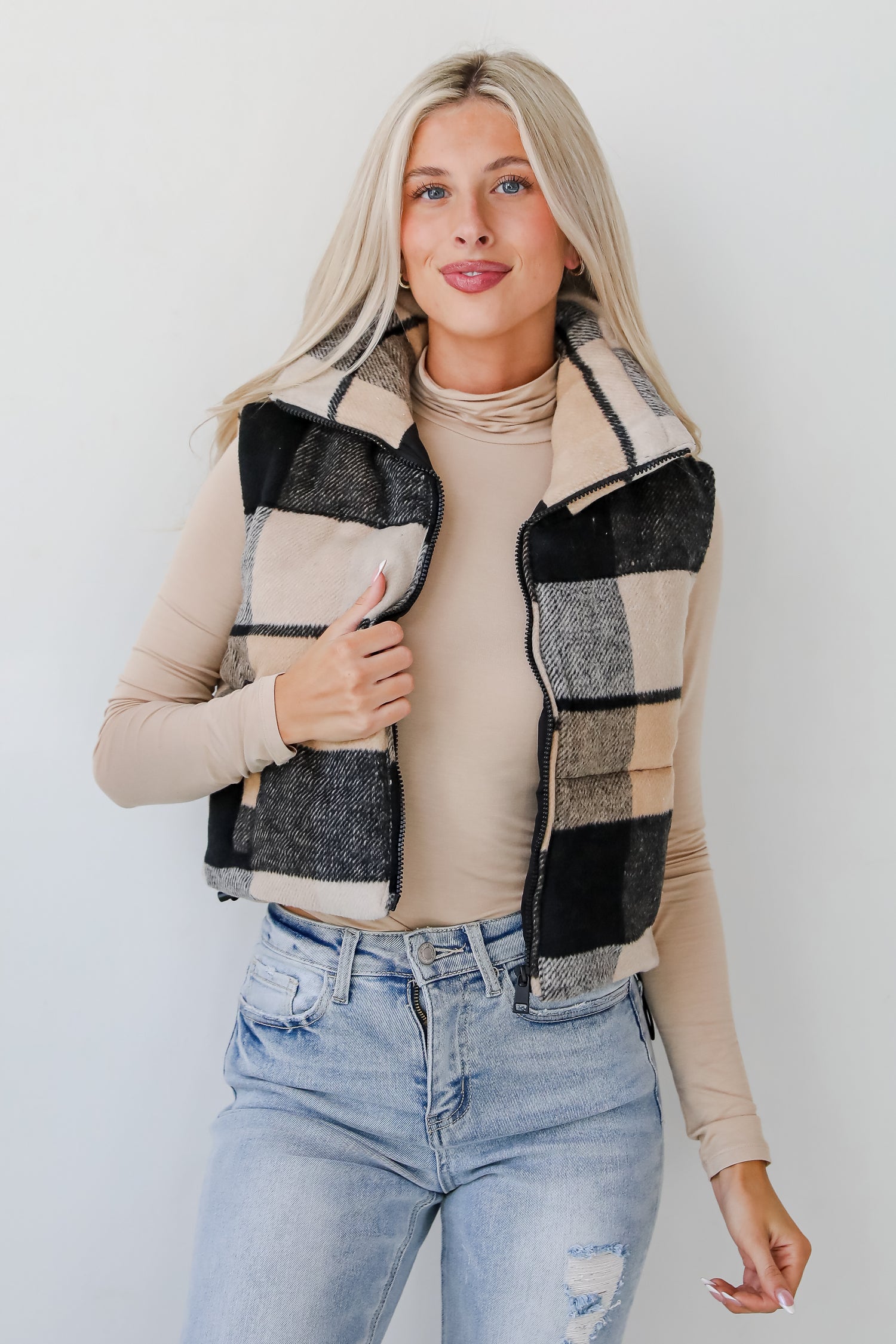 Wintertime Crush Taupe Plaid Puffer Vest