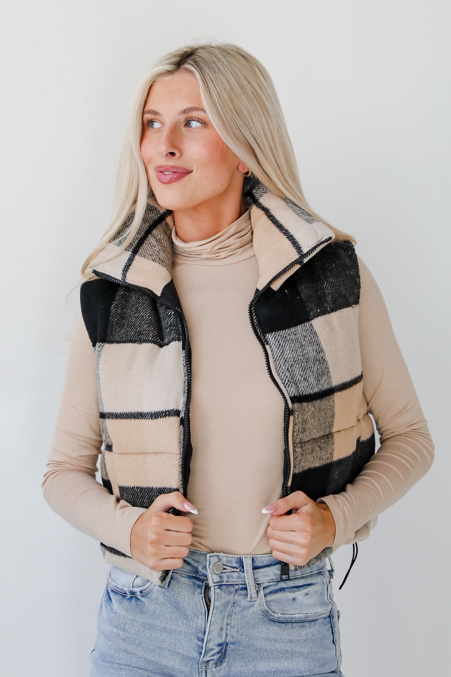 Wintertime Crush Taupe Plaid Puffer Vest