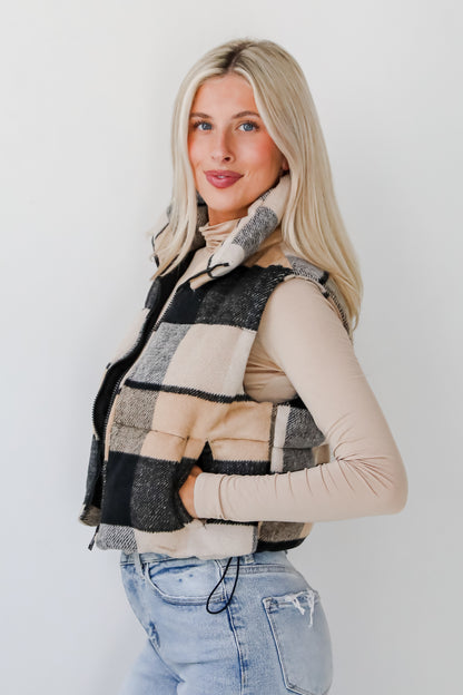 Wintertime Crush Taupe Plaid Puffer Vest