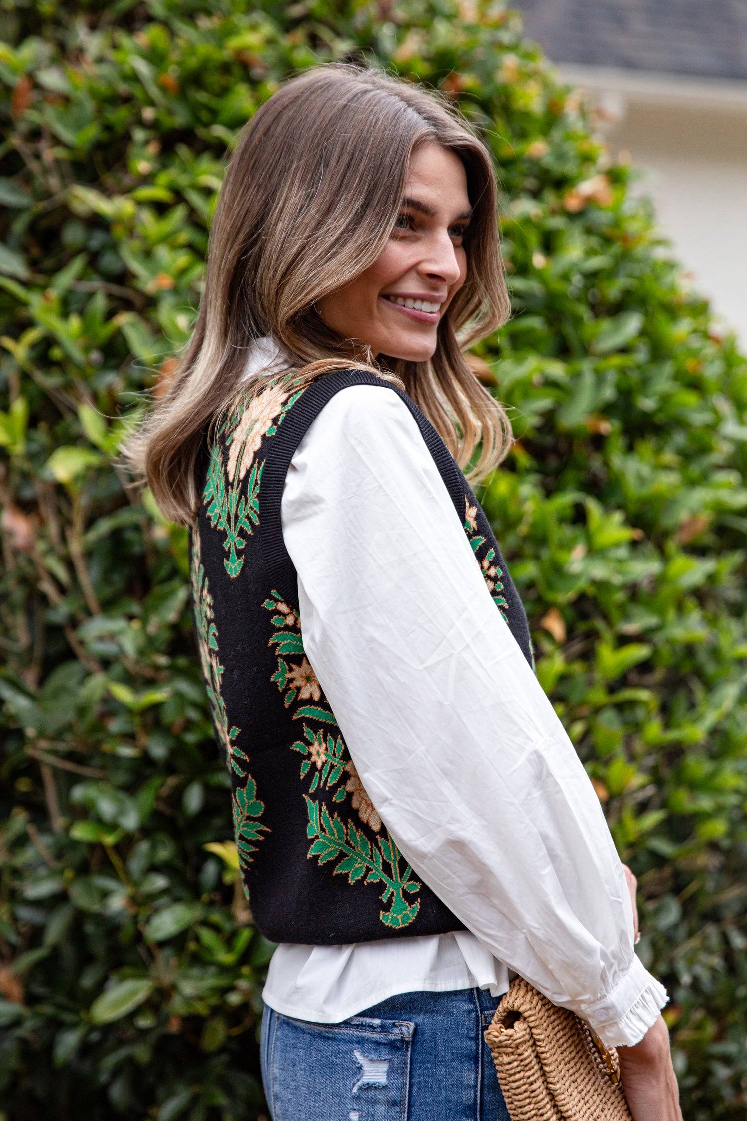 Evergreen Botanical Print Black Knit Vest | Trendy Women Tops |DressUp Black / X-Large Evergreen Botanical Print Black Knit Vest | Trendy Women Tops |DressUp Black / X-Large