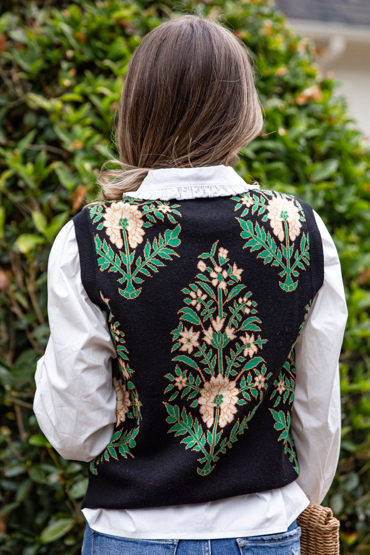 Evergreen Botanical Print Black Knit Vest | Trendy Women Tops |DressUp Black / X-Large Evergreen Botanical Print Black Knit Vest | Trendy Women Tops |DressUp Black / X-Large
