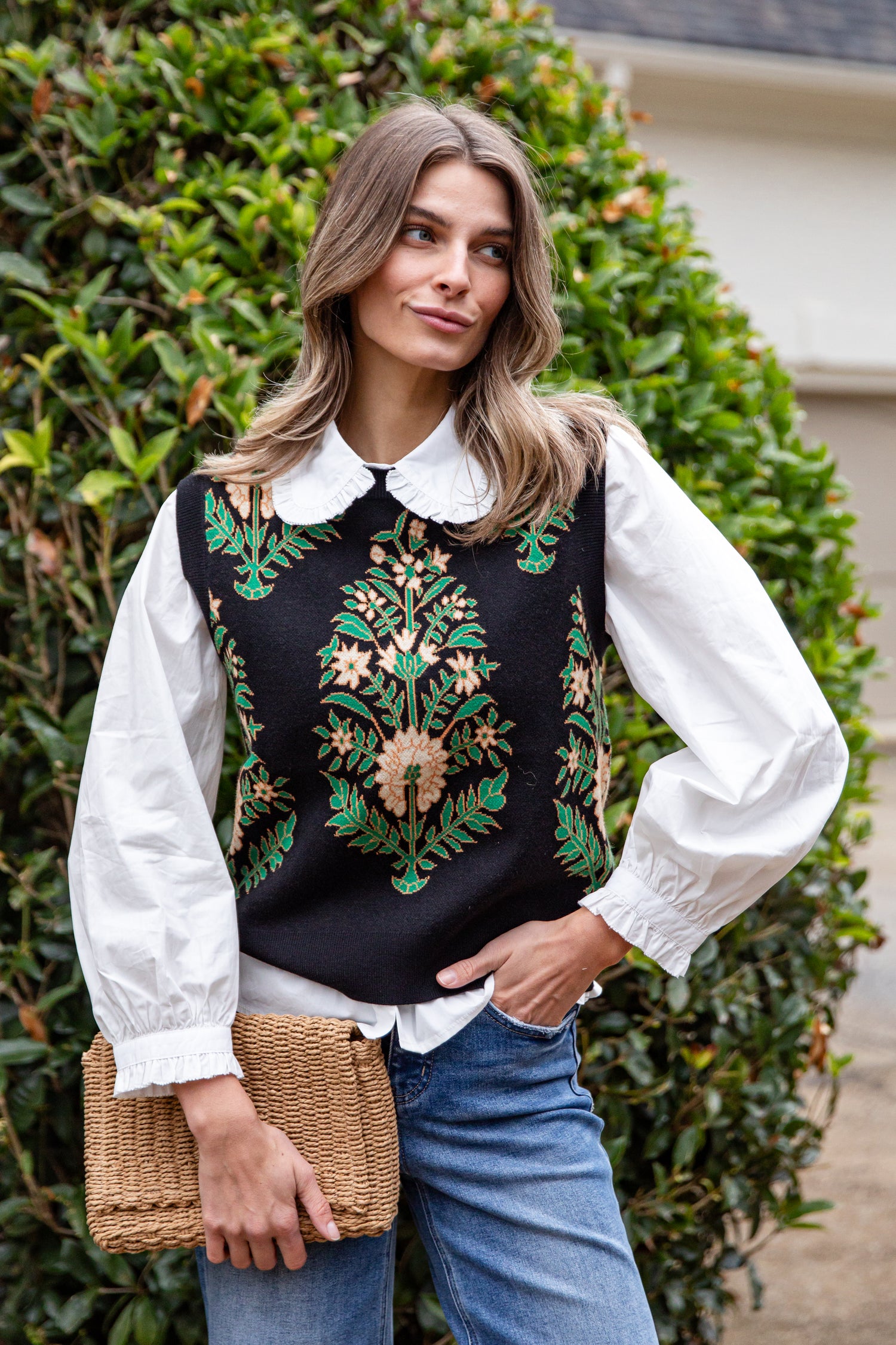 Evergreen Botanical Print Black Knit Vest | Trendy Women Tops |DressUp Black / X-Large Evergreen Botanical Print Black Knit Vest | Trendy Women Tops |DressUp Black / X-Large