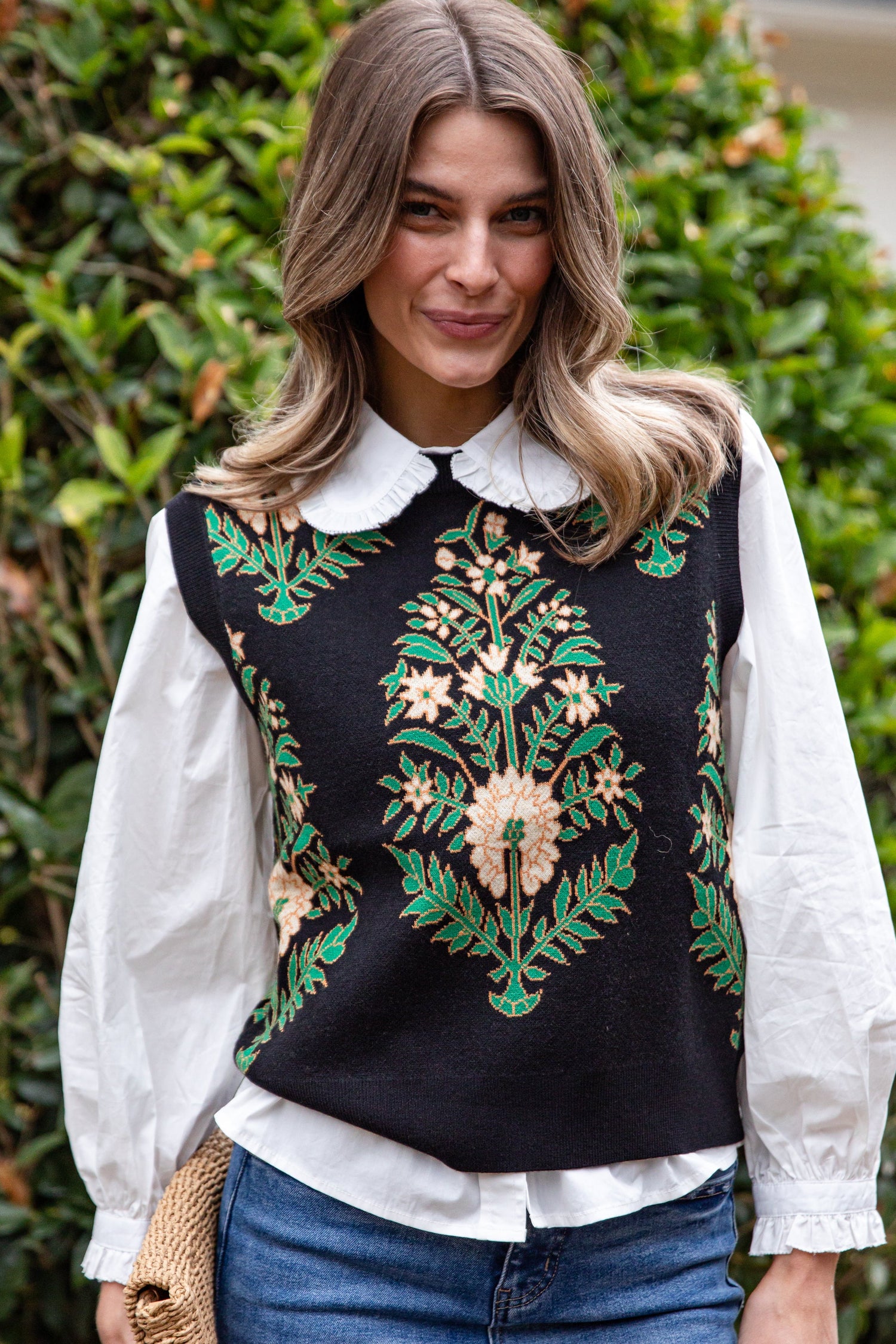 Evergreen Botanical Print Black Knit Vest | Trendy Women Tops |DressUp Black / X-Large Evergreen Botanical Print Black Knit Vest | Trendy Women Tops |DressUp Black / X-Large
