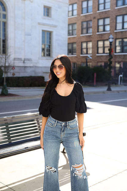 Most Intriguing Black Puff Sleeve Bodysuit