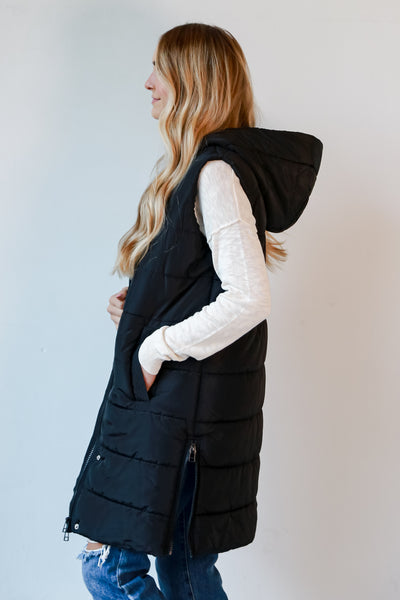 Black Quilted Hooded Longline Puffer Vest for women