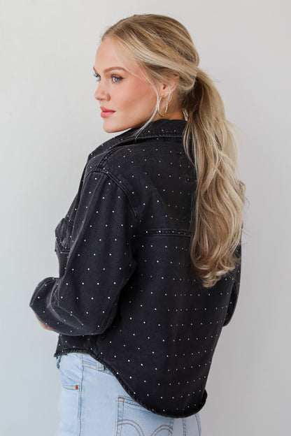 Dazzling Stunner Black Rhinestone Cropped Denim Jacket