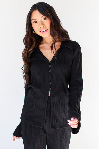 black Ribbed Knit Top front view