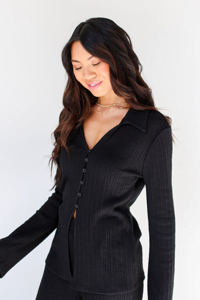 black Ribbed Knit Top side view