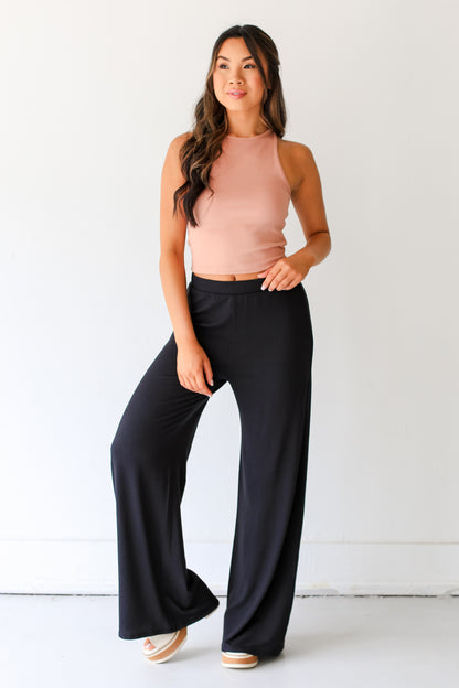 black Ribbed Wide Leg Pants on dress up model