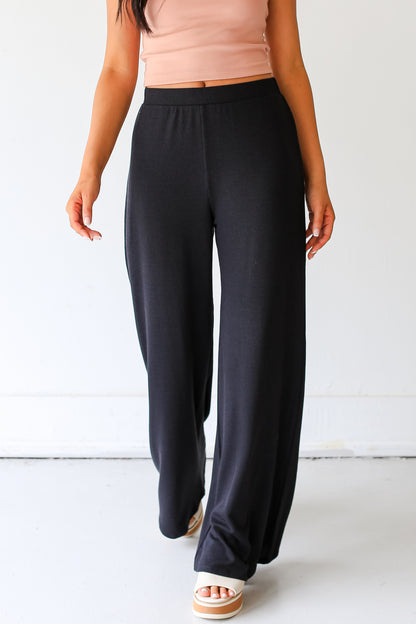 black Ribbed Wide Leg Pants close up