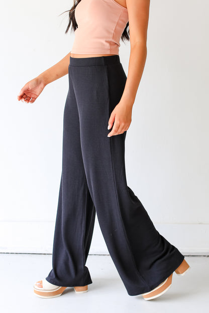 black Ribbed Wide Leg Pants side view