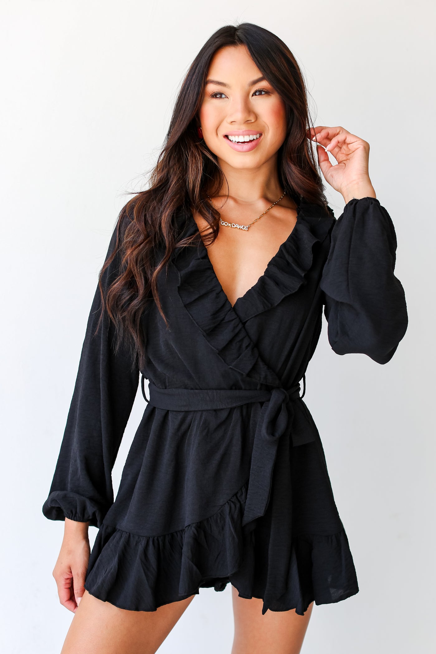 black Ruffle Romper front view