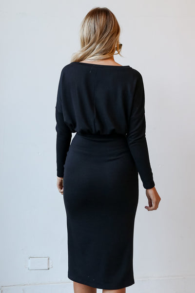 Black Ruched Midi Sweater Dress back view
