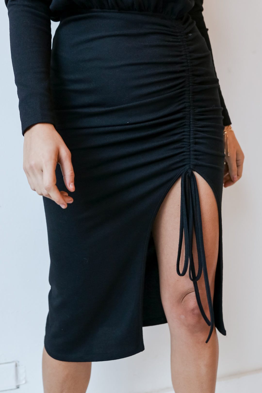 Black Ruched Midi Sweater Dress front view