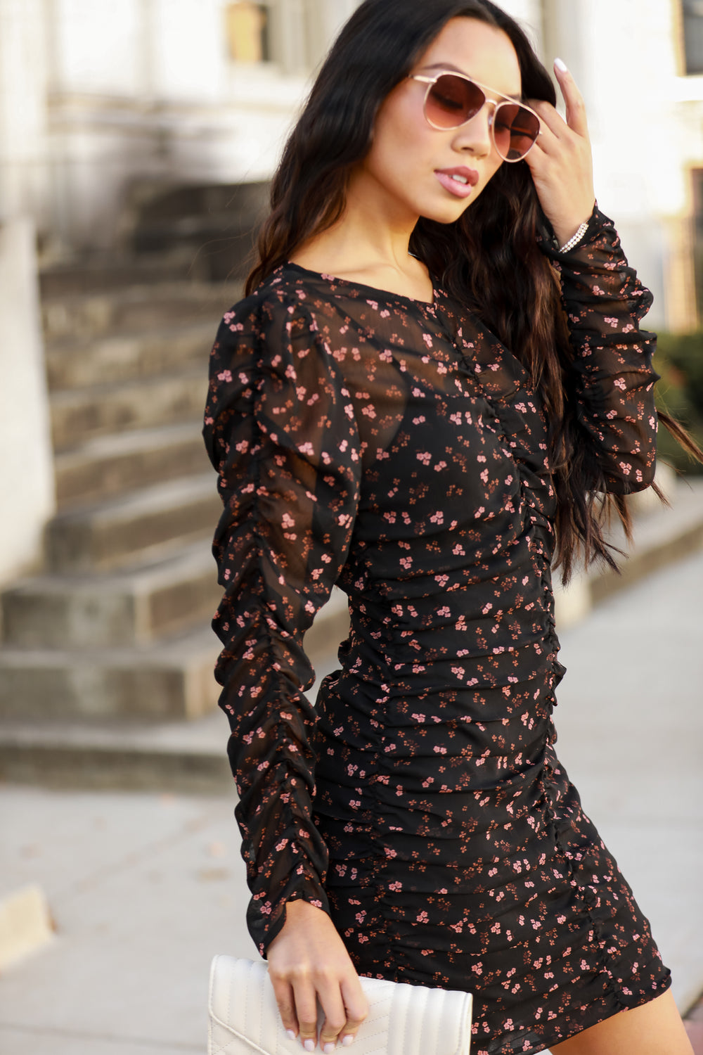 cute  Black Floral Ruched Mini Dress