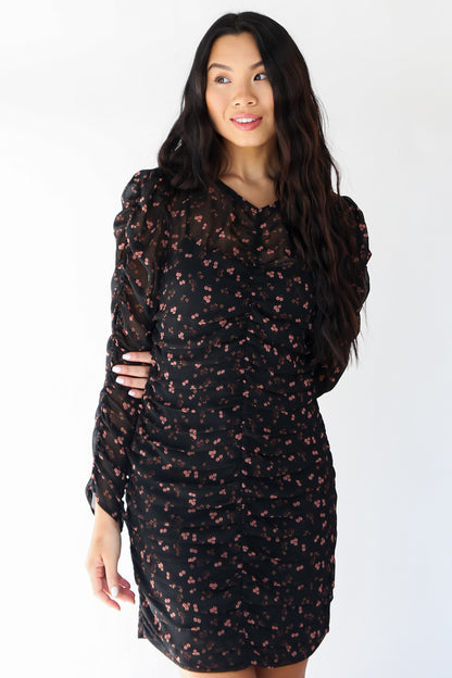 trendy Black Floral Ruched Mini Dress