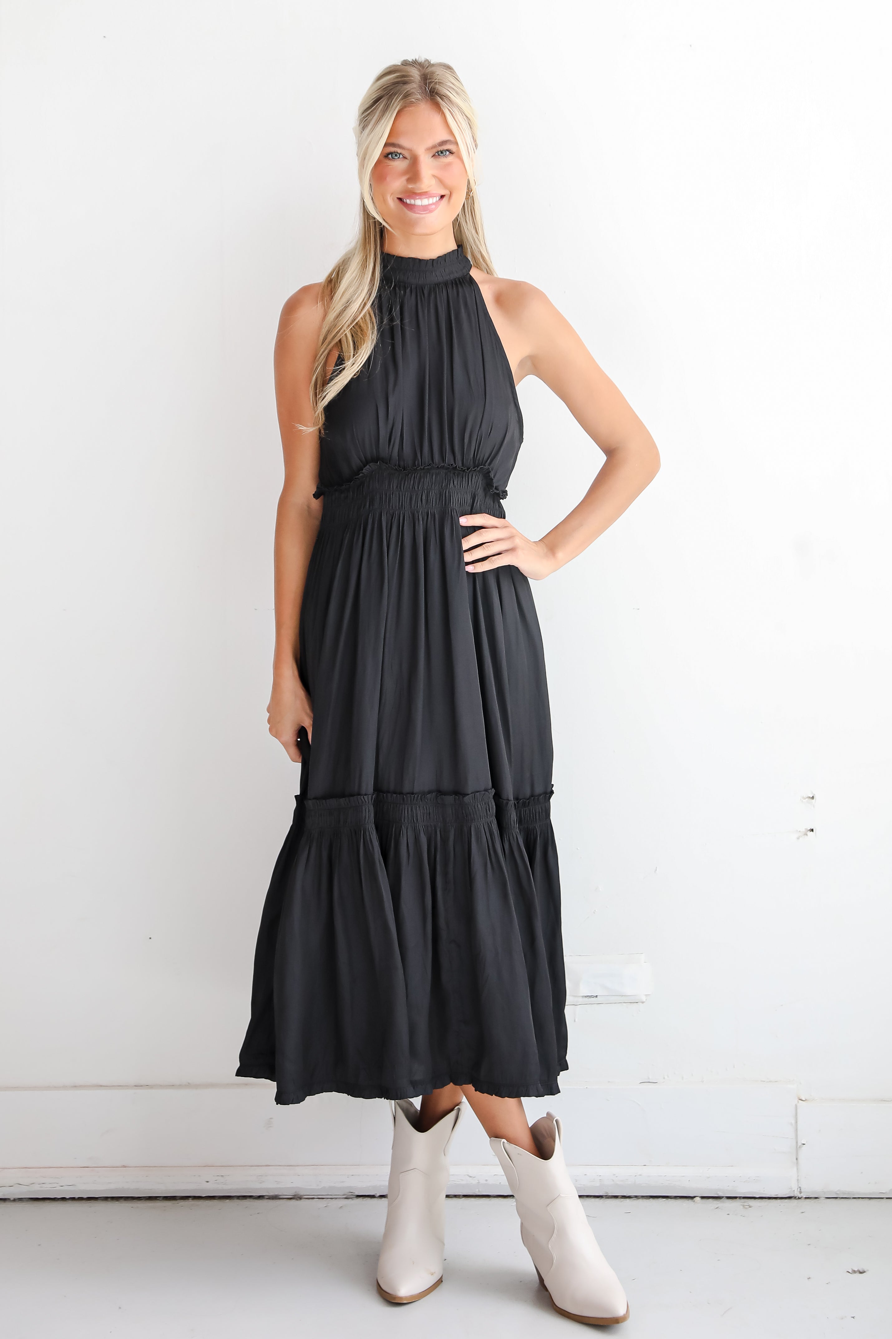 Lovely Intuition Black Satin Midi Dress