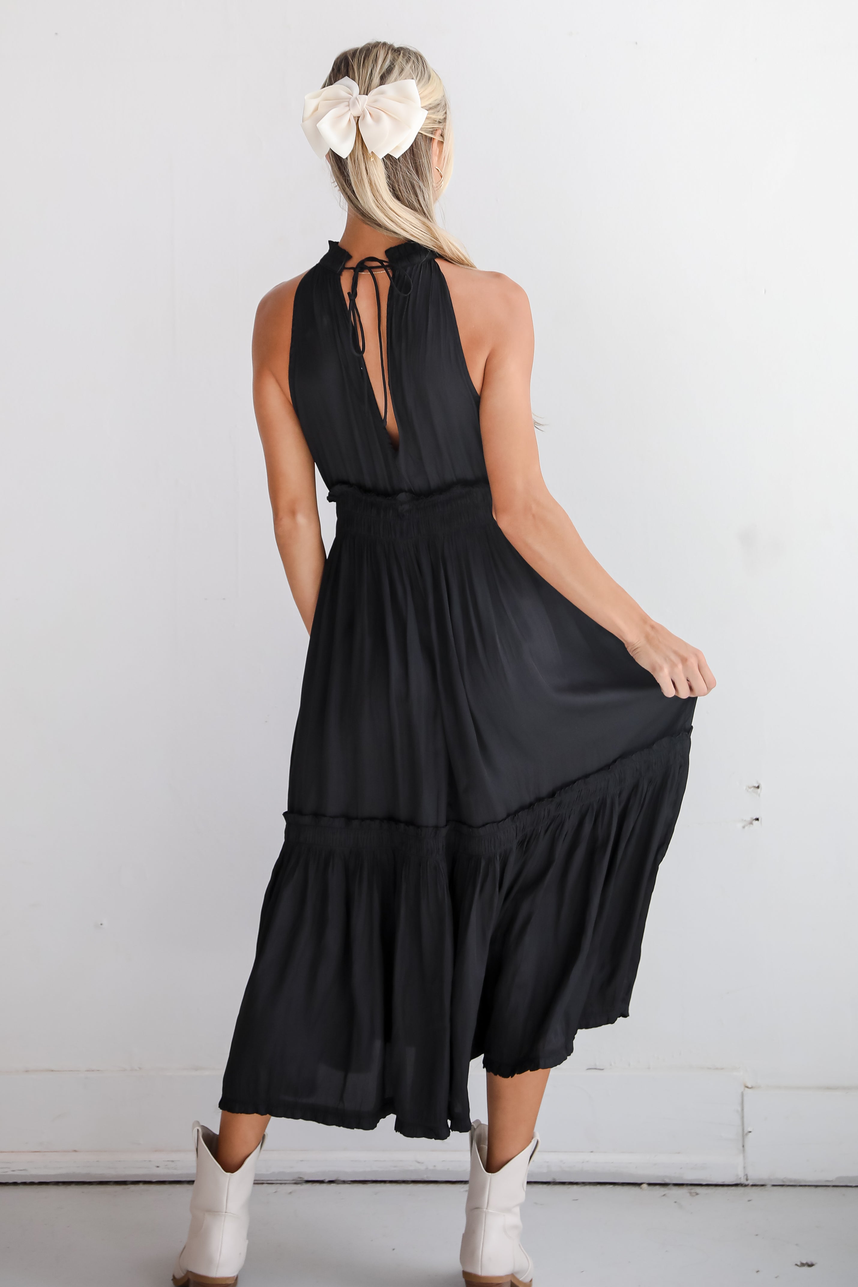 Lovely Intuition Black Satin Midi Dress