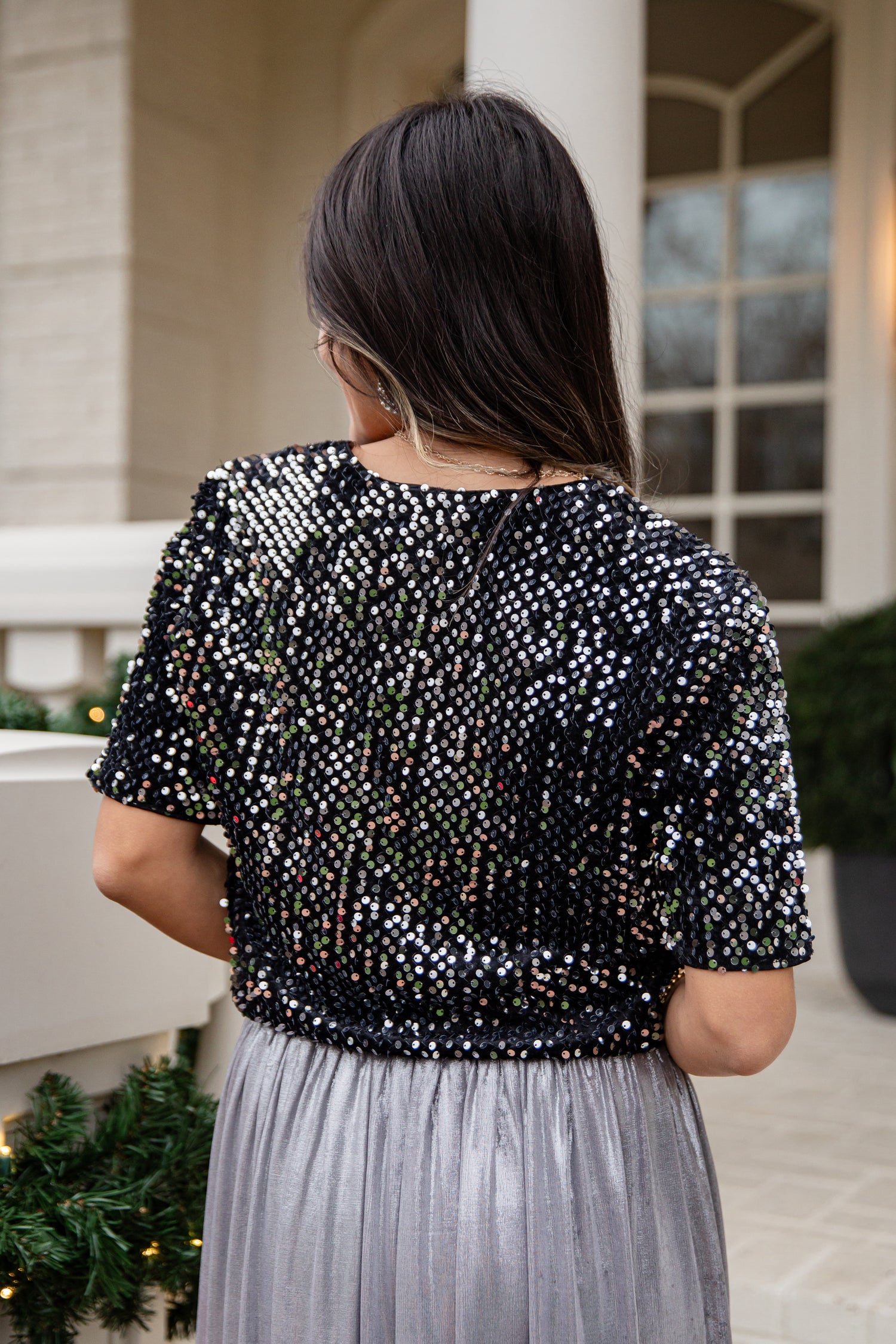 Black Ice Sparkle Sequin Tie Top | Trendy Women's Tops | Dress Up Black / Medium Black Ice Sparkle Sequin Tie Top | Trendy Women's Tops | Dress Up Black / Medium