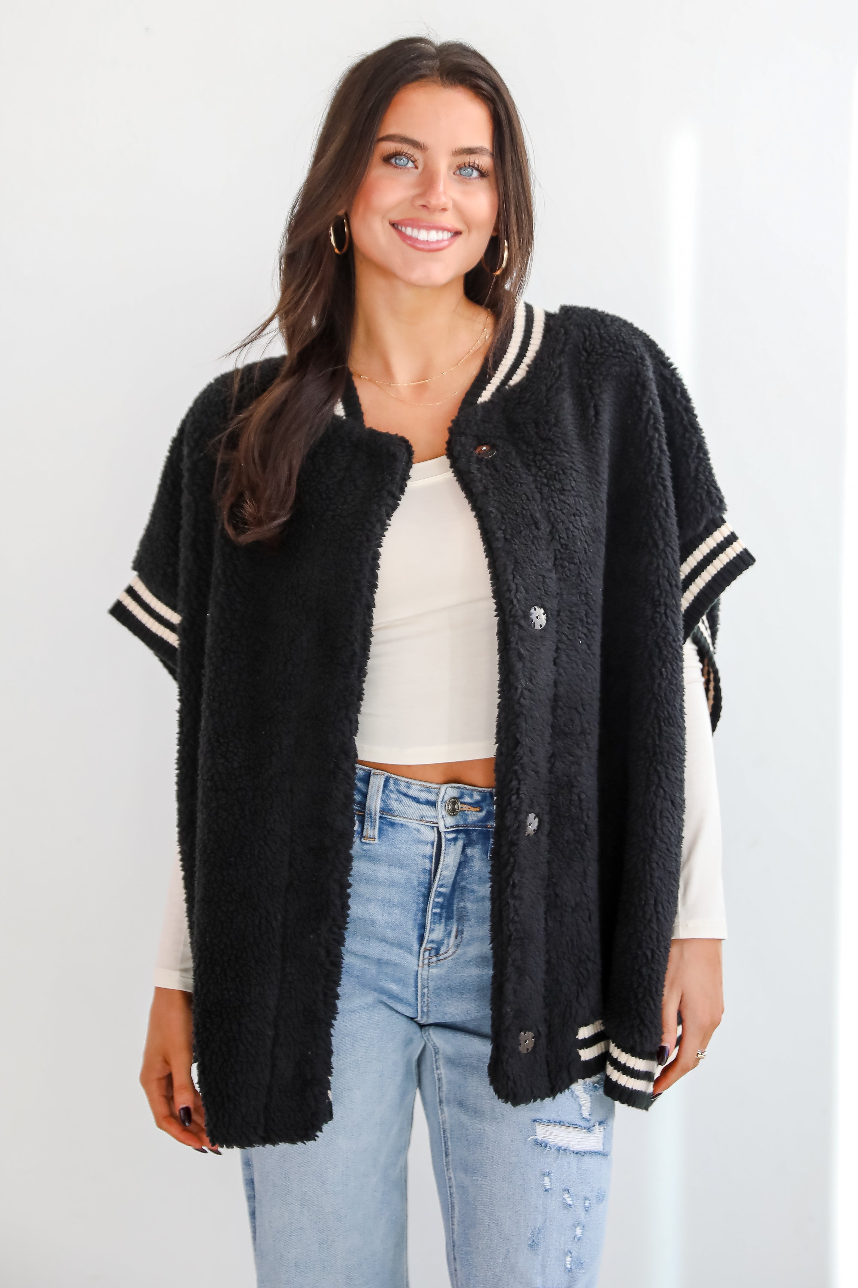 Cute Black Oversized Sherpa Vest Cozy Outerwear DressUp Black Large