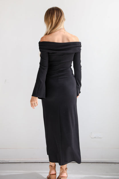 Decadent Evening Black Knit Off-The-Shoulder Maxi Dress