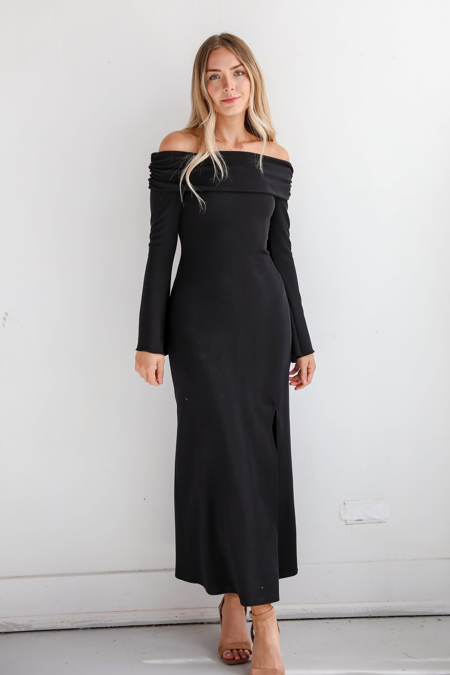 Decadent Evening Black Knit Off-The-Shoulder Maxi Dress