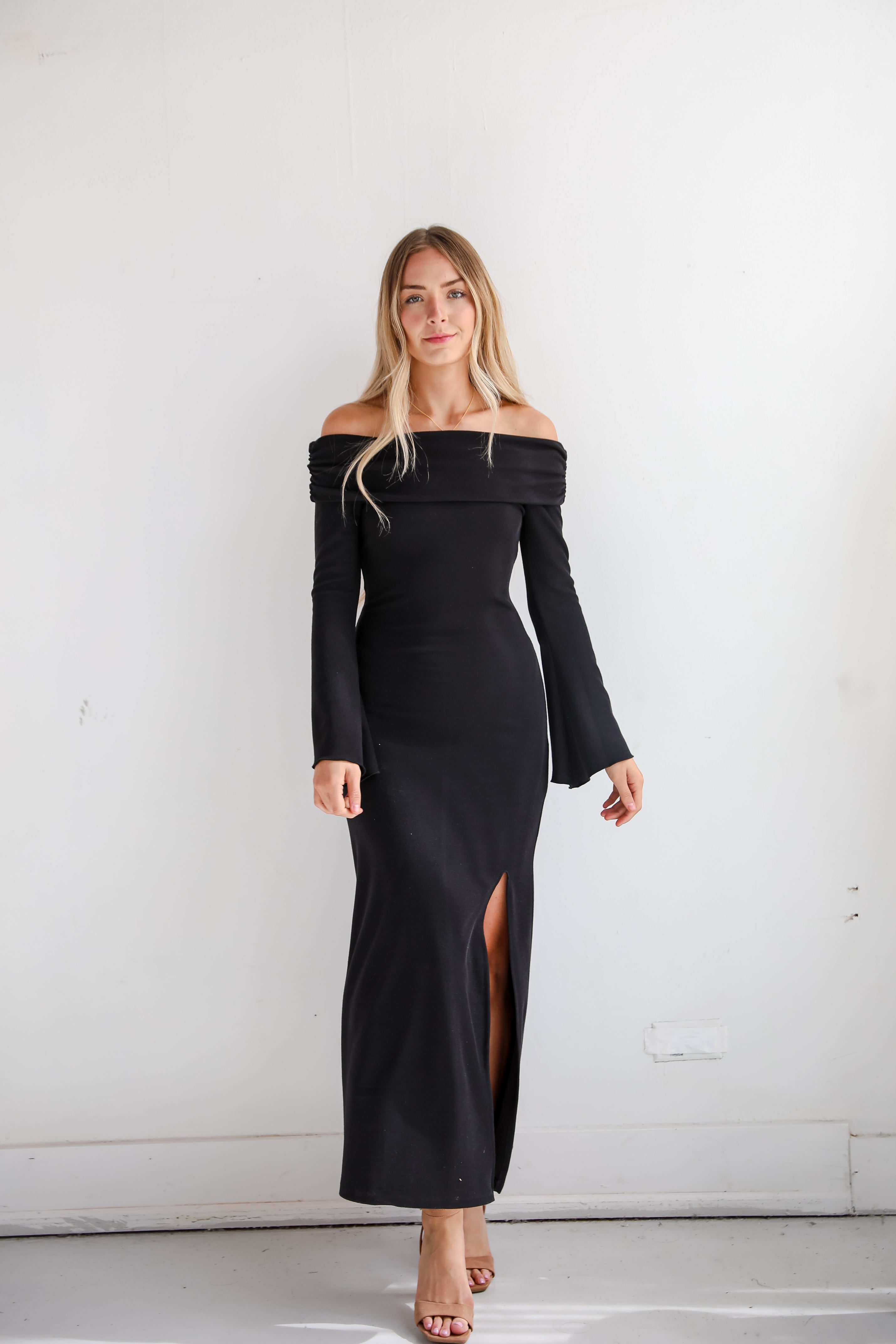 Decadent Evening Black Knit Off-The-Shoulder Maxi Dress