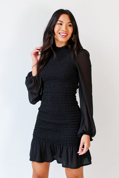 black Smocked Mini Dress front view