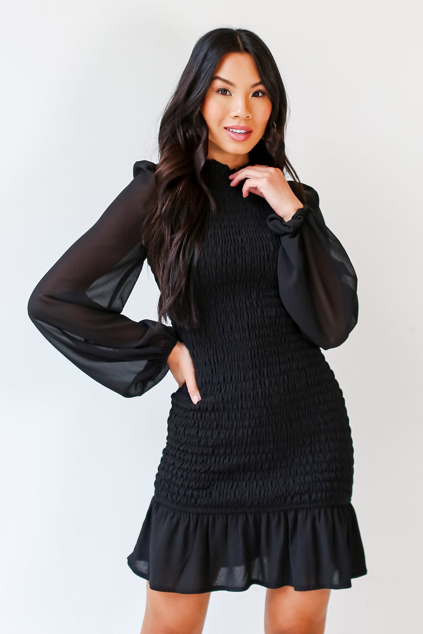 black Smocked Mini Dress on dress up model