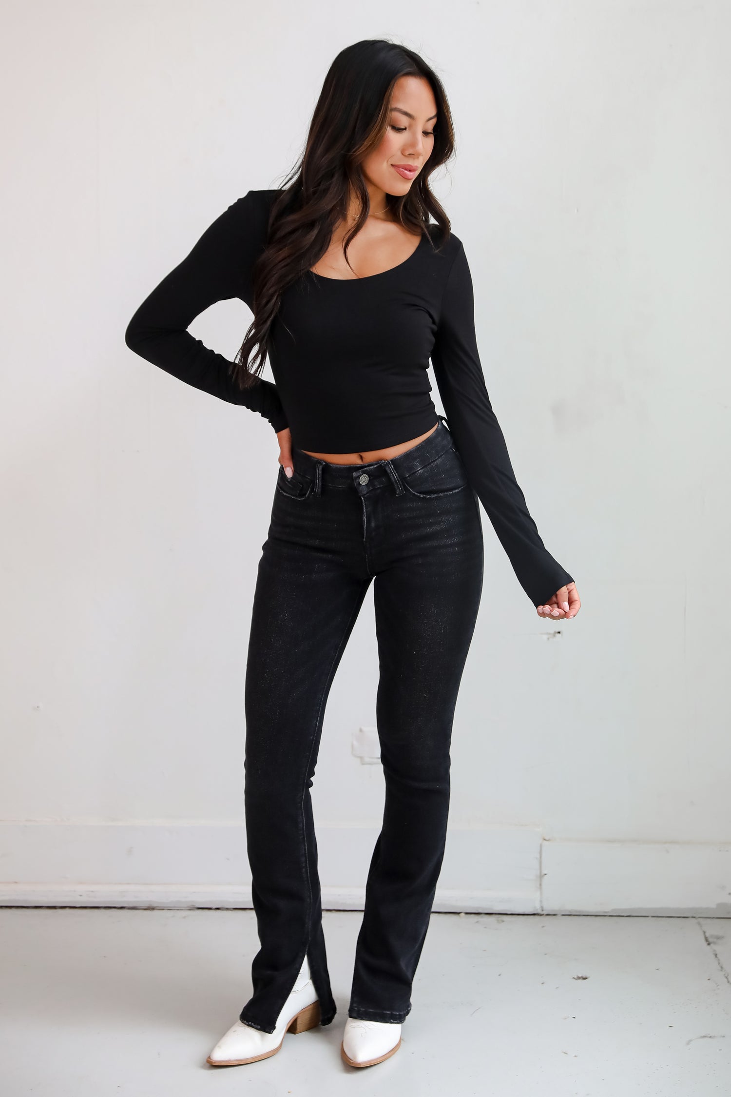 Miranda Black Mid-Rise Slit Hem Bootcut Jeans