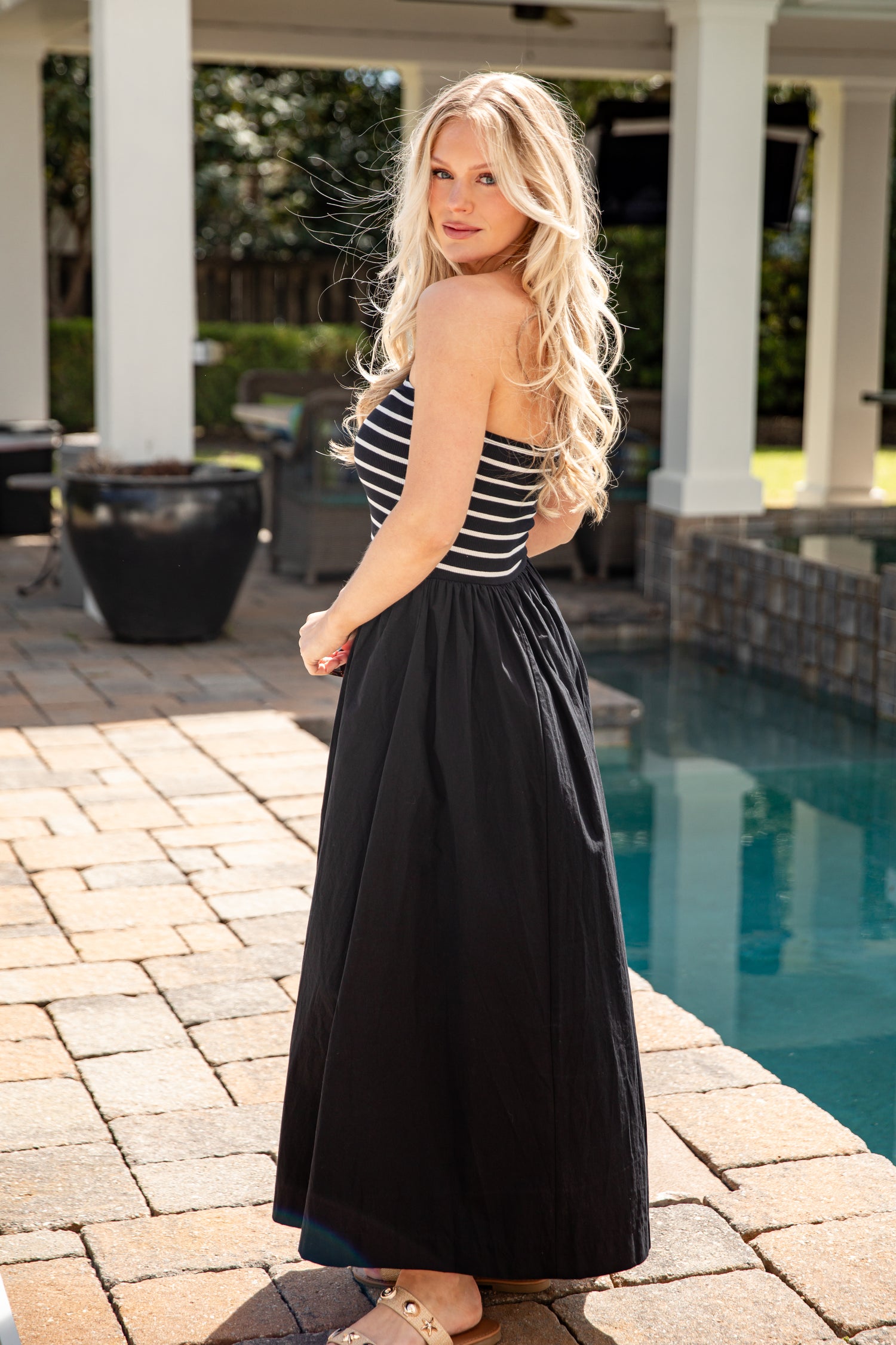 chinese dress ladies Striped Strapless Black Maxi Dress | Trendy Women's Clothing
