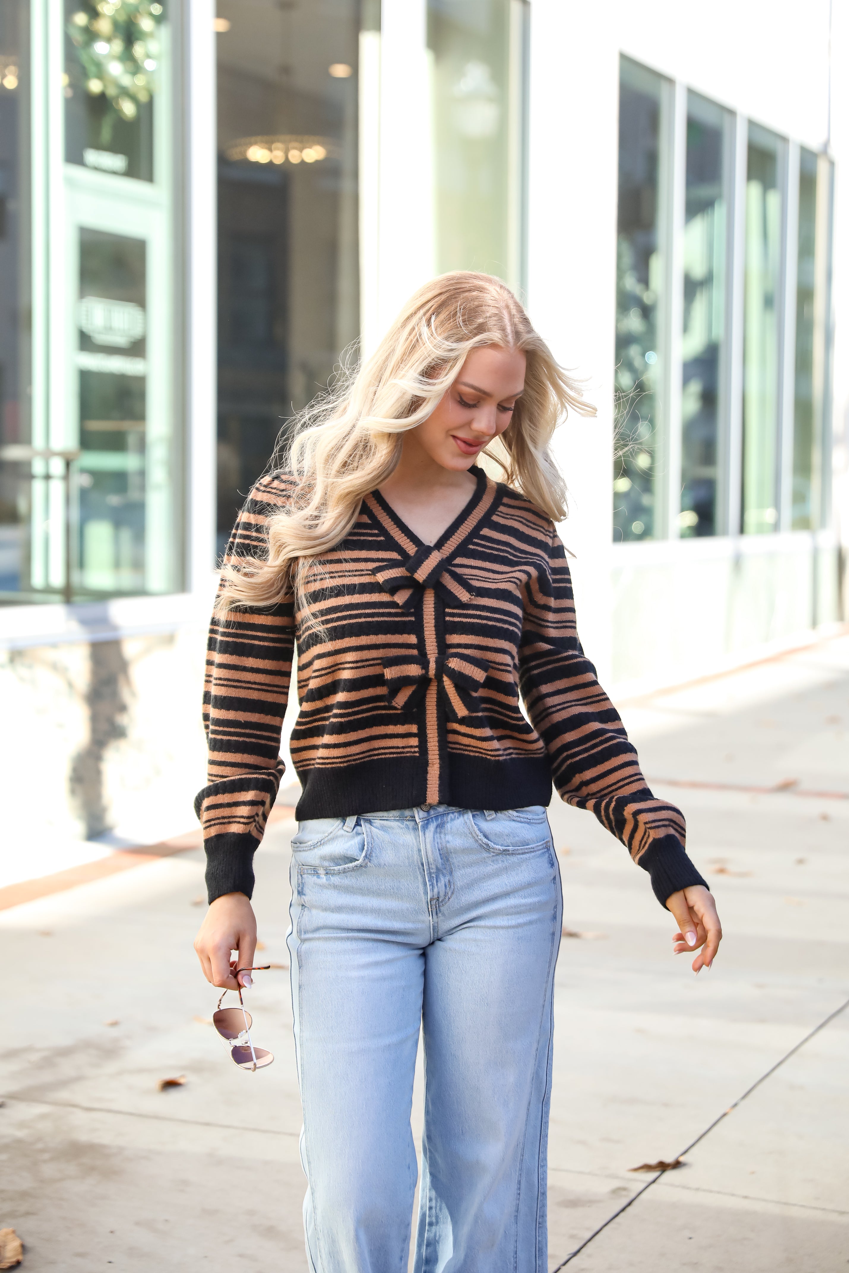 Simply Immaculate Black Striped Bow Sweater Cardigan