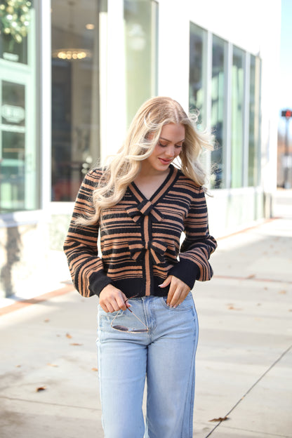 Simply Immaculate Black Striped Bow Sweater Cardigan