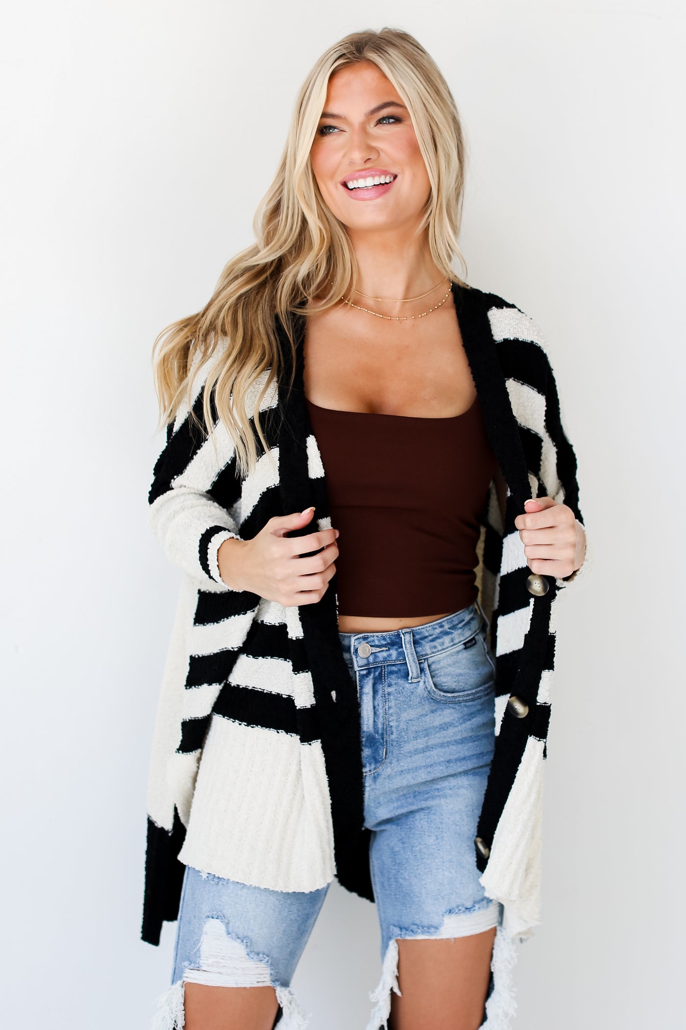 Black Striped Cardigan front view on model